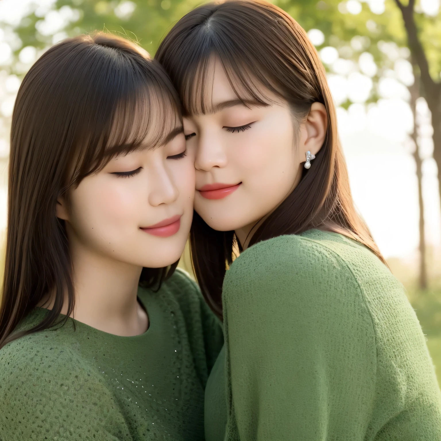 A breathtakingly beautiful 20-year-old woman stands in a lush green park at sunset, bathed in the warm golden light of the evening sun. Facing forward, her eyes gently closed, cheeks slightly flushed, and her face tilted upward as if anticipating a kiss, she embodies serenity and romance. The soft hues of the sunset complement the tranquil surroundings, enriching the dreamy atmosphere. Long hair, dark hair, dark eyes.