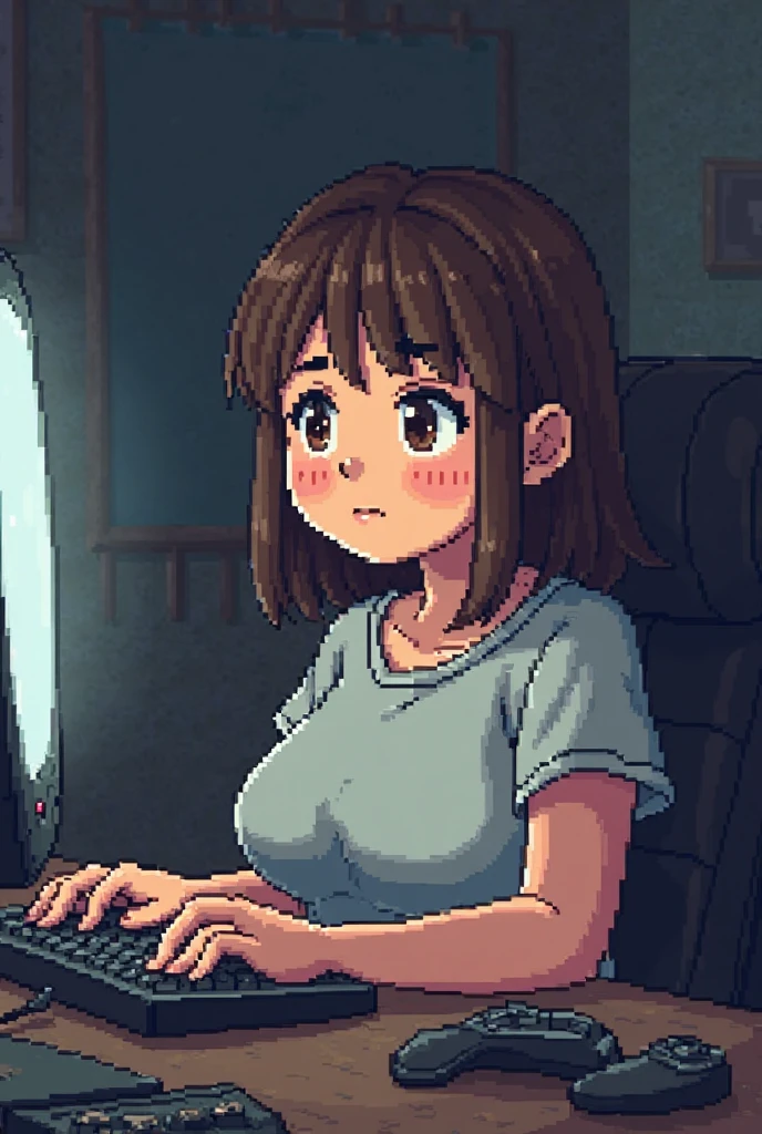 (Best Quality,High resolution), pixel art, vibrant colors, nostalgic atmosphere, Immersive gameplay, 16-bit graphics, pixel perfect controls, pixel art, (1girl giving 1boy handjob), (Beautiful quality), ((Bright)), bare stomach, Submissive, hair up, on all fours, in blue linge. (Best Quality,High resolution), pixel art, vibrant colors, nostalgic atmosphere, Immersive gameplay, 16-bit graphics, pixel perfect controls, pixel art