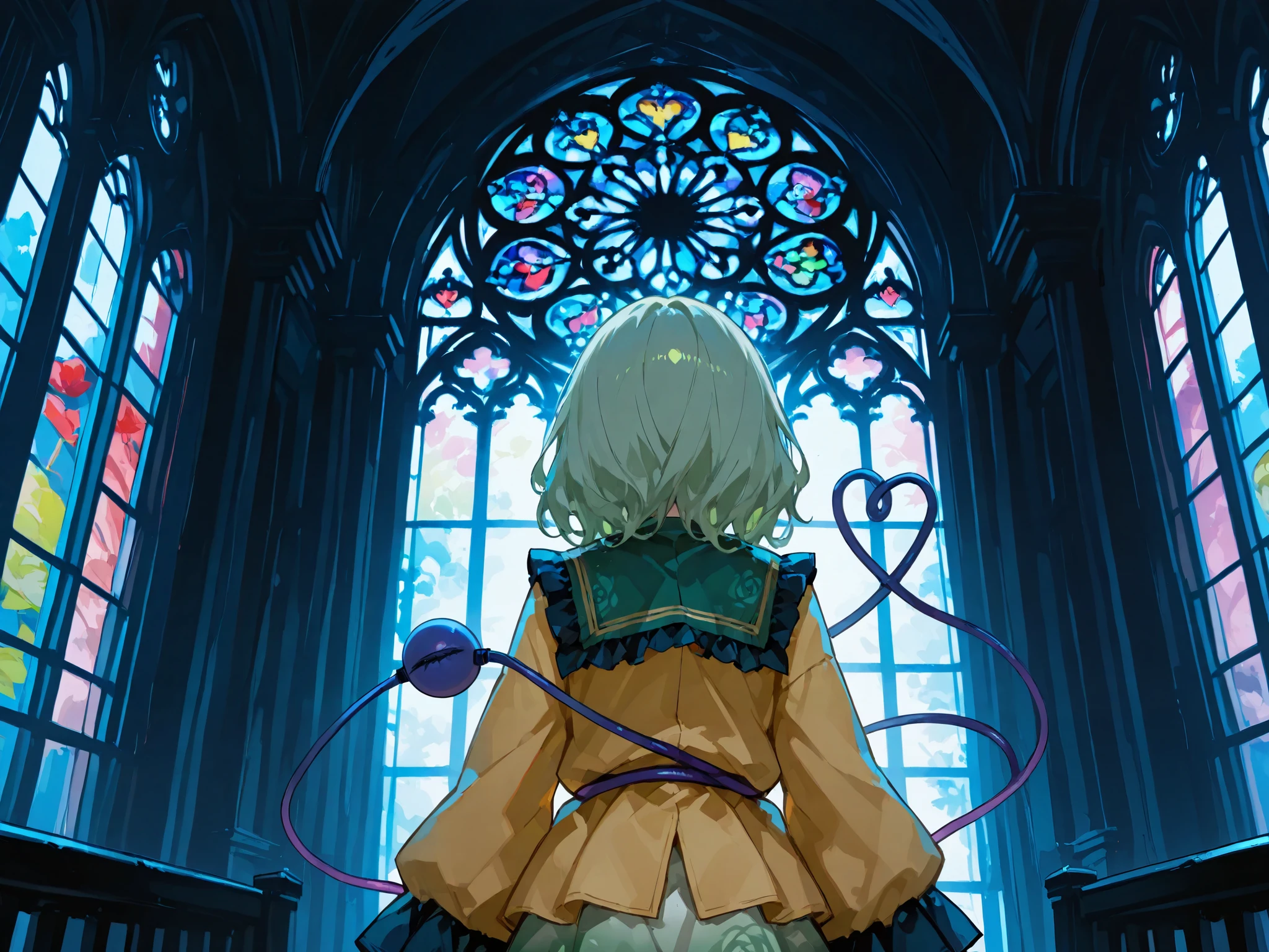 1girl\(komeiji koishi\), stained_glass_window, gothic_architecture, colorful_background, BREAK, back_view, looking_over_shoulder, medium_shot, BREAK,ray tracing, UHD, retina, masterpiece, accurate, anatomically correct, very aesthetic, high resolution, ultra-detailed, absurdres, detailed textures, digital painting, ultra-detailed,newest,textured skin, super detail, high details, high quality, best quality, highres, 1080P, HD, 16k