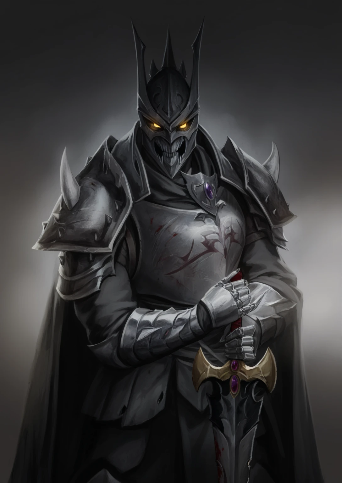 man, knight, red eyes behind the mask, big heavy black armor with golden parts, fur cape, evening, castle on background, atmospheric, mist, best quality masterpiece, photorealistic, detailed, 8k, HDR, shallow depth of field, broad light, high contrast, backlighting, bloom, light sparkles, chromatic aberration, sharp focus, RAW color photo, volumetric lightning, gothic,