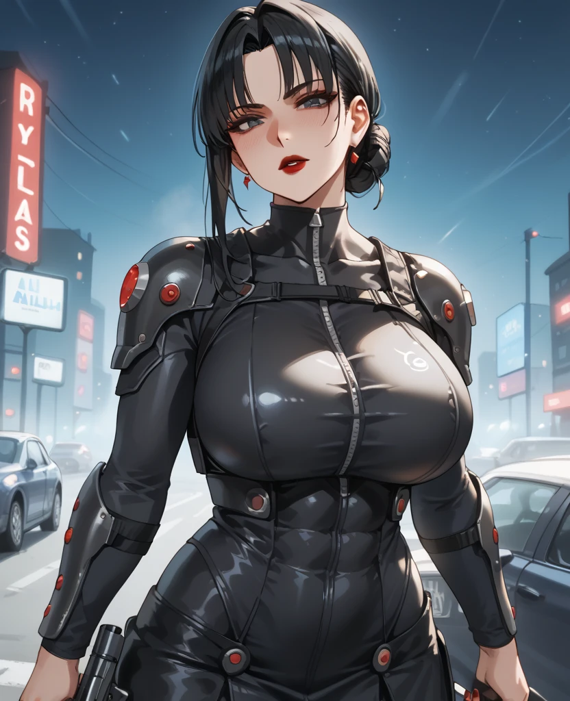 Absurd resolution,high resolution,(masterpiece: 1.4),hyper-detail,fullbody shot,head to toe,full frontal camera perspective,solo,shorter,standing,glasses,kemono feline cat futanari,no skin other than neck and head shown,watertight environmental suit,black hair,messy ponytail,cute face,detailed soft grey luminous eyes,huge massive hyper super swollen heavy milky breasts,breasts so big that cover her whole torso and are bigger than her head while being so big they reach her bellybutton,extremely super large swollen perky heavy bust,super huge enormously gigantic tits,gigantic breasts stretching/straining out of her outfit looking like they are about to burst out,breasts compressed squishing barely contained in outfit,inflated breasts,breast_expansion,super gigantic swollen heavy tits,wide full hips,narrower torso and shoulders,smaller torso,narrower waist,full thicc big soft thighs,thicc big full thighs,big rounded full soft butt,thicc butt,ruggedized utility styled outfit,fully insulated suit,full body outfit coverage with no skin showing or revealed,airtight/watertight zippers and seals,scifi monochrome black and grey fullbody covering protective padding rugged loose-fitted pilot utility suit with strategically placed protective padding,white watertight zipper utility cropped top for breasts support with a black strap horizontal across cleavage worn on top of suit,tactical strategic angular-patterned protective padding on hips and thighs and abdomen,practical/functional clothing,weather-proof durable clothing material,nylon clothing material,custom made clothing to fit and support large breasts,scifi padded rugged rigid high collar cropped cutout fitted techwear jacket,armored high collar,white and black triangular decals and techwear iconography on apparel and clothing,techwear gloves,ruggedized tech,ruggedized tech aesthetic,fitted utility pants,utility chaps,near future scifi,cyberpunk aesthetic,anime aesthetic,tactical aesthetic,nasapunk apparel,death stranding