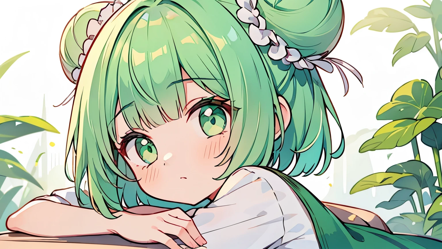 1 girl, top quality, masterpiece, mint green hair, bob cut, ((2 buns on side of head)), mint green eyes, delicate eyes, cute, pop