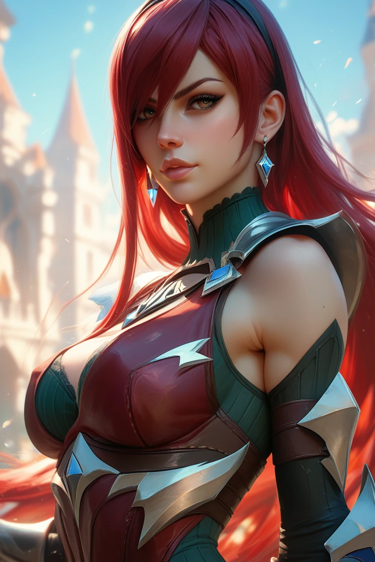 tall woman,Red hair,Bullish,1,85cm,greeneyes,Blue sky landscape,Floating Pink Stones,Ethereal Beauty