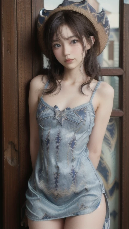 Highest quality, masterpiece, look up, cute,(Horror),(((Beautiful girl))),(Sexy),(sexy),((Small breasts)),Baby Face,(Blue dress,Summer clothes),(Middle school students),Black Hair,Beautiful Style,((White skin)),Sensual look,Embarrassed,Sexy表情,Heavy makeup,Expressions of delight