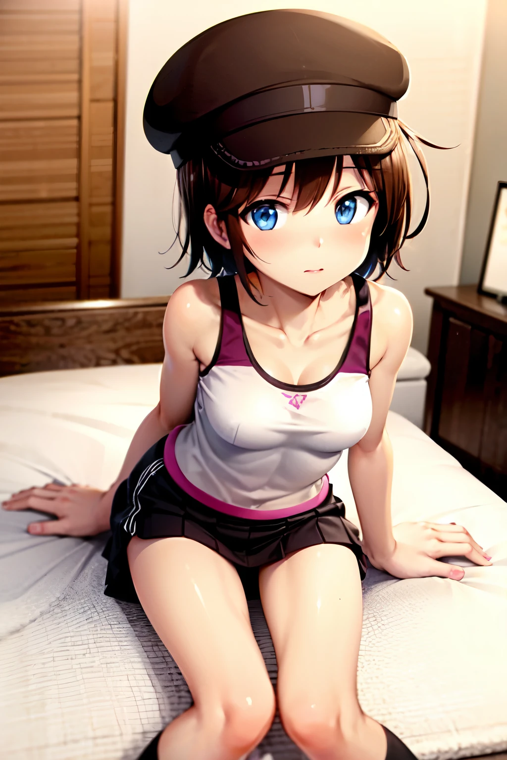 Helga Haruka, blue eyes, brown hair, short hair, Brown hat, school gym uniform , 1 girl, shy face ,love hotel,bed,perfect anatomy