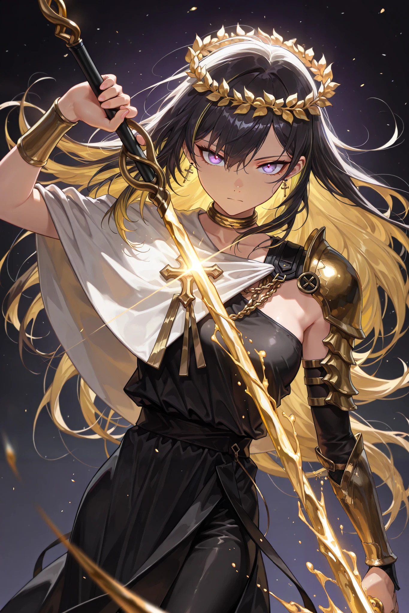 style of [arknights|(748cmstyle:0.5)], god rays, vivid colours, light stream, colour splotches, cinematic shot, mature, young adult, masterpiece, best quality, amazing quality, very aesthetic, high resolution, ultra-detailed, absurdres,
1girl, woman, solo, alone,(dynamic pose, side eye, looking at viewer, upper body focus, action shot, dutch angle, three quarter view, close up, cowboy shot:1.2), seeledef, purple eyes, two tone hair, very long hair, (multicoloured hair, gold hair:1.24), black hair, piercing eyes, enraged eyes, tsurime, asymmetrical armor, one shoulder exposed, toga, cross cape, one shoulder pauldron, capelet, white greco-roman clothes, golden accents, glowing wreath, wielding liquid sword, wielding liquid scythe, wielding liquid glaive, novuschroma79 style, glitch art photo
BREAK, depth of field, volumetric lighting
 