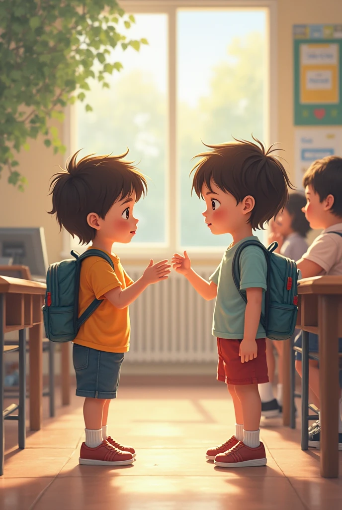 illustration. 8 year old boy kindly greeting his teacher who is 4 in the class.