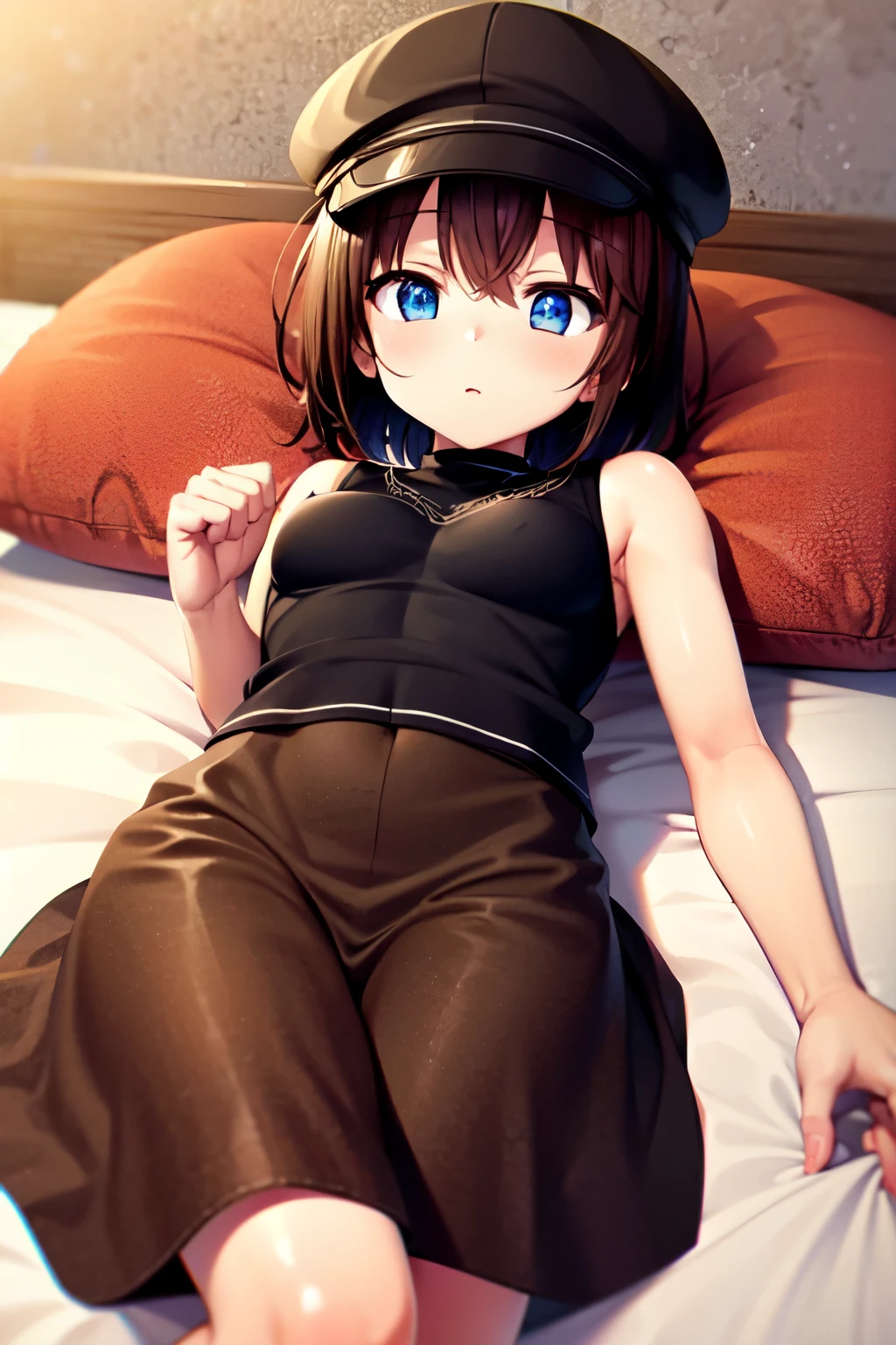 Helga Haruka, blue eyes, brown hair, short hair, Brown hat, buruma , 1 girl, shy face ,love hotel,bed,perfect anatomy