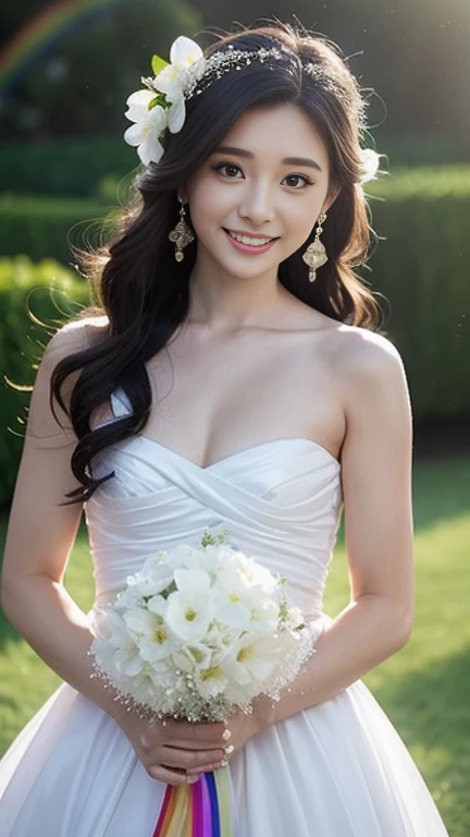 fashion model 18 years old， [[[[close up]]]], [[[[Rapeseed]]]], [[[[Shoulder]]]], perfect eyes, perfect iris，perfect lips，perfect teeth，perfect skin，White skin，High density imaging review，super pretty girl，(delicate face)，(Highly clear face)))，(((White three-point underwear)))，(((Put the wedding dress on your head)))，(((big breasts)))，(((courtyard in background)))，((A smile of excitement and satisfaction on his face))，((charming expression))，((looking at the audience))，((面部的close up))，((Half body photo))，4K Ultra HD, ultra high resolution, (realistically: 1.4), best quality，masterpiece，（pastel colors：1.2)