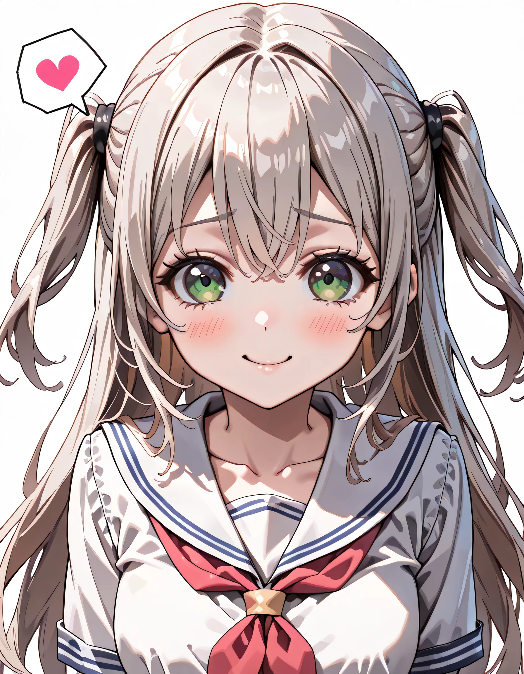((ultra-detailed)), (highly detailed CG illustration), (best quality:1.2), ultra-highly detailed, colorful composition, artistic photoshoot, 1girl, solo focus, ((upper body:1.4)), moe anime character, age girl, dainty facial structure, (baby face), (round face), ((rounded chin:1.2)), celia-default, celia claire, (blue eyes), ((silver hair color)), ((two side up hair)), ample breasts, school uniform, sailor suit, traditional Japanese style with navy blue and white colors, ((smile:1.4)), ((happy:1.4)), ((joyful:1.4)), ((tears of joy:1.4)), ((blush:1.4)), ((looking viewer)), ((spoken Heart:1.4)), ((pink heart background)), from front, best quality, masterpiece, expecting, pink cheek, blush, light pink gloss slip, portrait, depth of field, soft lighting, sidelighting, (shine), lighting, caustics, ray tracing, smile, perfect face, lustrous skin, highly detailed face, highly detailed eyes, perfect face, perfect nose, perfect hair, perfect eyes, perfect anatomy, beautiful hair, beautiful small face, extremely detailed face, beautiful detailed eyes, beautiful clavicle, beautiful body, beautiful ample breasts, leavage, breasts squeezed together, equalize the size of the left and right breasts, beautiful thin thighs, beautiful legs, beautiful fingers, 4 fingers, 1 thumb, lovely, (very detailed background:1.0), (highly detailed background:1.0), spring aesthetic, intricate details, joyful atmosphere, spring colors palette, chromatic aberration