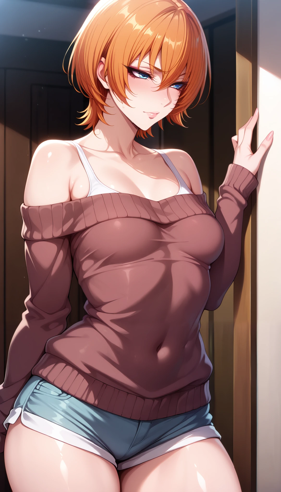 masterpiece,of the best quality, amazing quality, very aesthetic,animated screenshot ,1 girl, Sakura Igawa, orange hair, short hair, dry hair, blue eyes, curvilinear, very small breasts, thigh, off-shoulder sweater, shorts for two, bare shoulder,