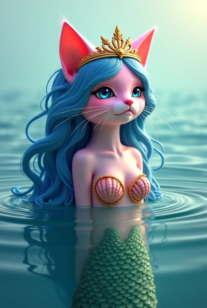 A bold-bodied mermaid cat, dressed in a beautiful outfit, whom long hair prepares for a festival with her friends. The festival is for all the creatures of the ocean. The mermaid cat and her friends decorate the palace with colorful flowers and prepare music, dance, and food. The mermaid cat adorns herself with a lovely lehenga and pearls.