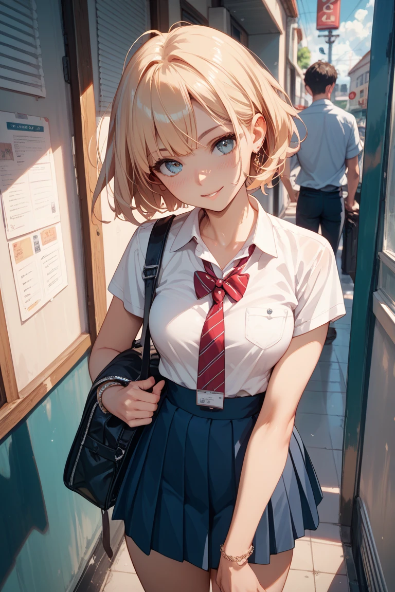 ((one girl)) ((Solo))Super tall 18 year old girl, very tall and a bit chubby, ((3 meters tall)). Blonde ,blushing and smiling, head reaches The ceiling. In a school hallway. Looking Down and towering over The camera. Nude , ((picture taken from below)) ((crawling)), gigantic breasts, ((unrealistic sized breasts )) ((whole body in picture))