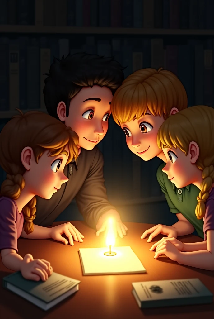 A candle is held by hands of 3 people, men and women, mom and dad, happy faces, blue theme, bright, looking at the candle, warm, poster, soft smile, kind