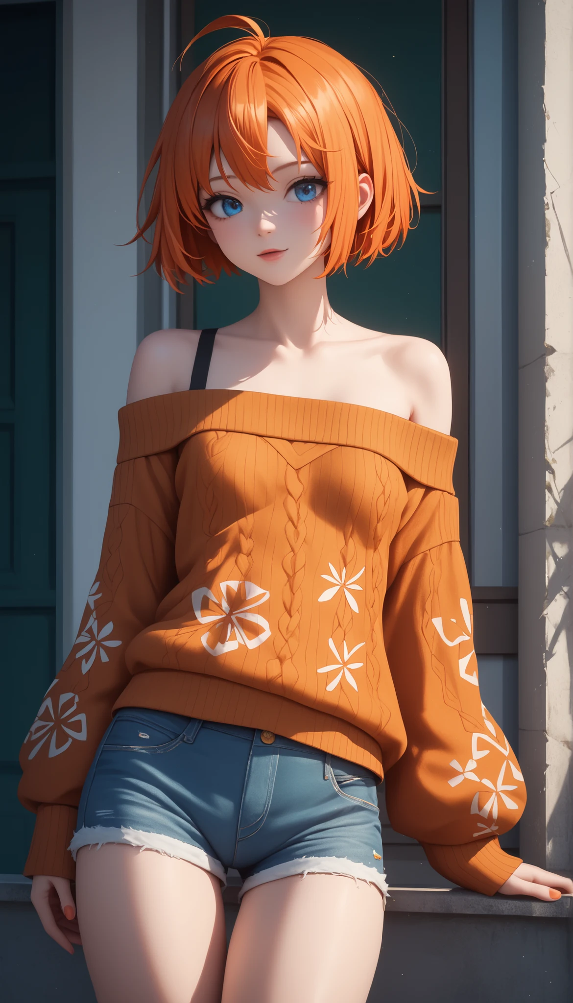 masterpiece,of the best quality, amazing quality, very aesthetic,anime screenshot ,1 girl, Sakura Igawa, orange hair, short hair, dry hair, blue eyes, curvilinear, very small breasts, thigh, off-shoulder sweater, shorts for two, bare shoulder,