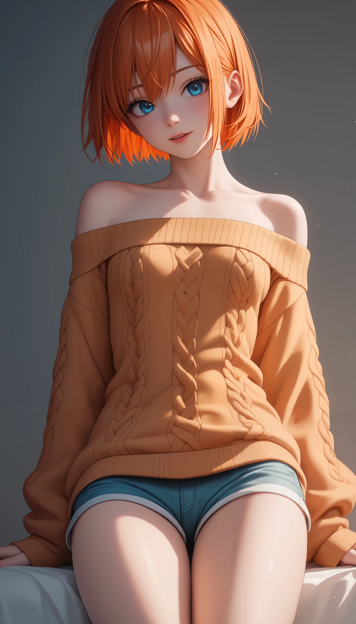 masterpiece,of the best quality, amazing quality, very aesthetic,anime screenshot ,1 girl, Sakura Igawa, orange hair, short hair, dry hair, blue eyes, curvilinear, very small breasts, thigh, off-shoulder sweater, shorts for two, bare shoulder,