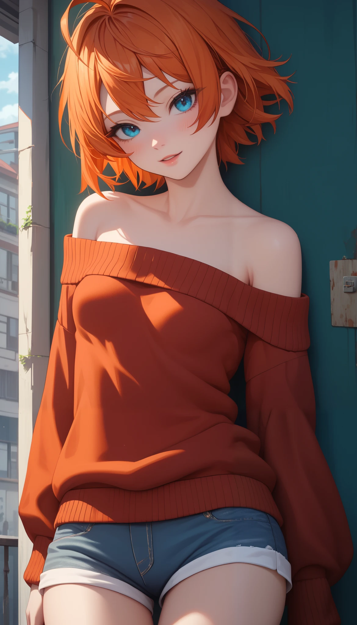 masterpiece,of the best quality, amazing quality, very aesthetic,anime screenshot ,1 girl, Sakura Igawa, orange hair, short hair, dry hair, blue eyes, curvilinear, very small breasts, thigh, off-shoulder sweater, shorts for two, bare shoulder,