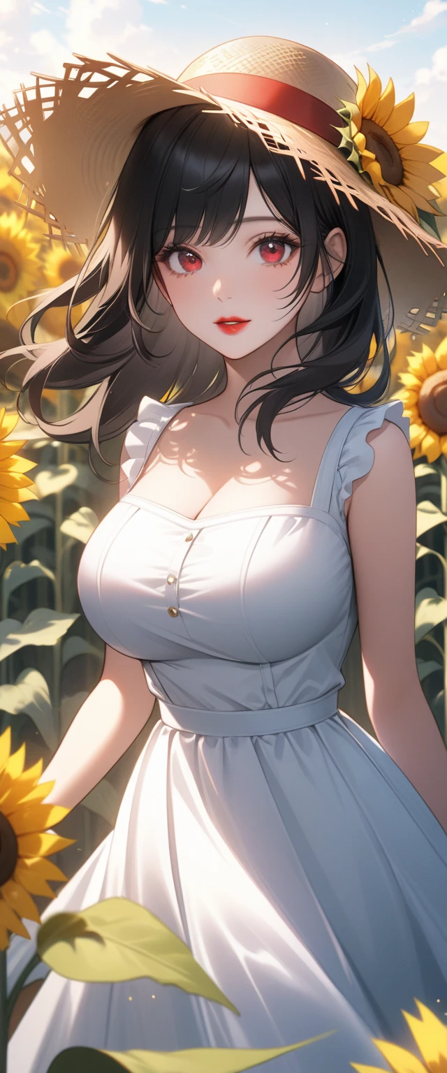 ( Absurdly , High quality , ultra detailed ) ,( hand detailed ) , 1girl, solo, mature, very long hair, sunflower hair , beautiful crystal eyes ( eye detailed ) Baroque, Necklace, long dress, long sleeve, elegant, colorful, highest detailed, upper body , with the river and sunflowers