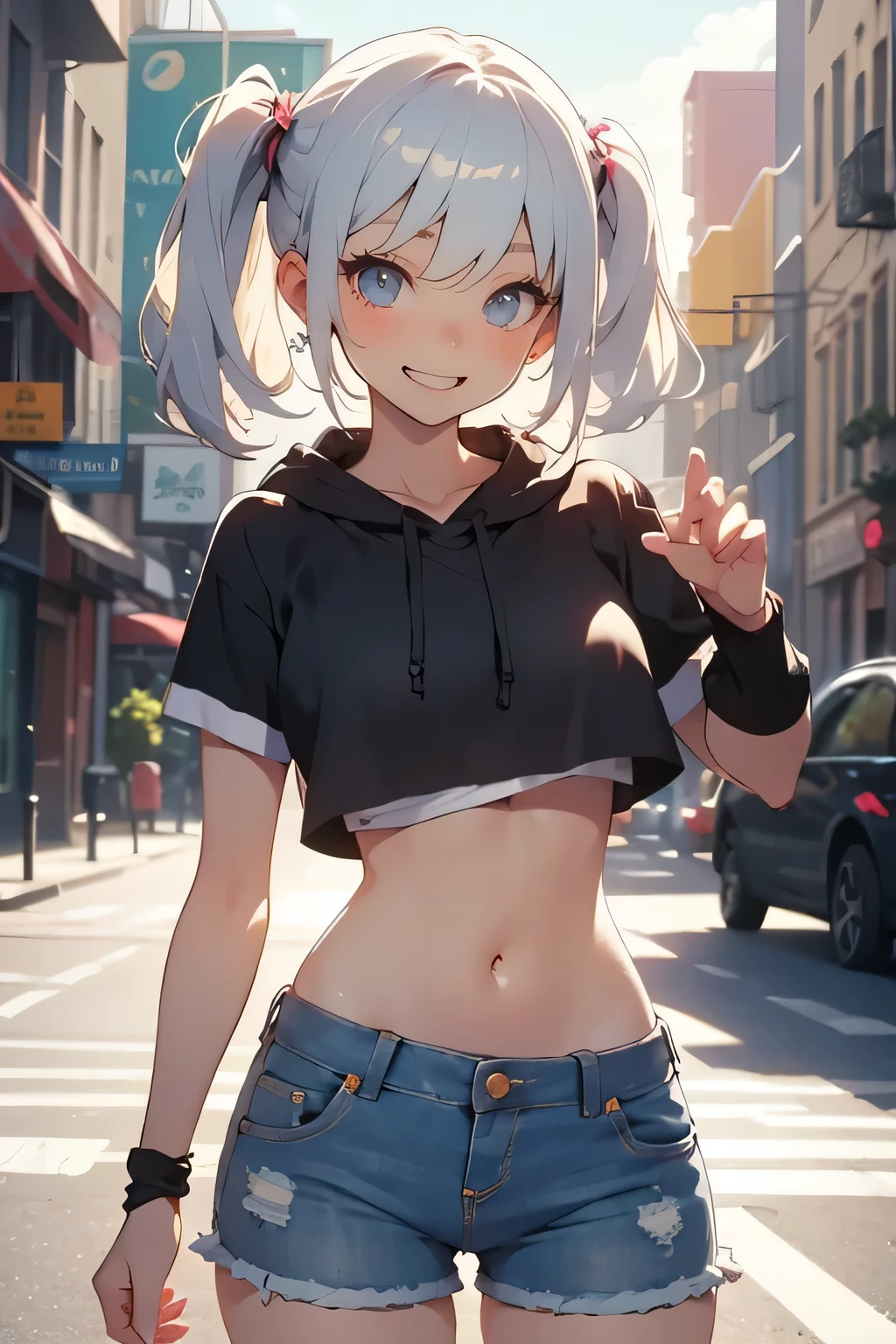 A cheerful anime girl with silver twin-tails, wearing a cropped white hoodie and denim shorts, dancing playfully on a sunny city street. She shakes her hips rhythmically and smiles brightly, ending with a quick spin. Smooth 5-second loop, soft lighting, casual summer atmosphere, dance video style.
