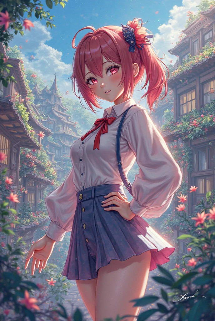 (nmasterpiece:1.2,最佳质量),(dynamic lighting)1lady,独奏,short-length hair,A short skirt,(shiny skins:1.2),Haut du corps,eye glass,modern day,Wavy pink hair,Pink suspenders,Flowers on the ears,Harajuku style,hair pin,Lori,ahoge
