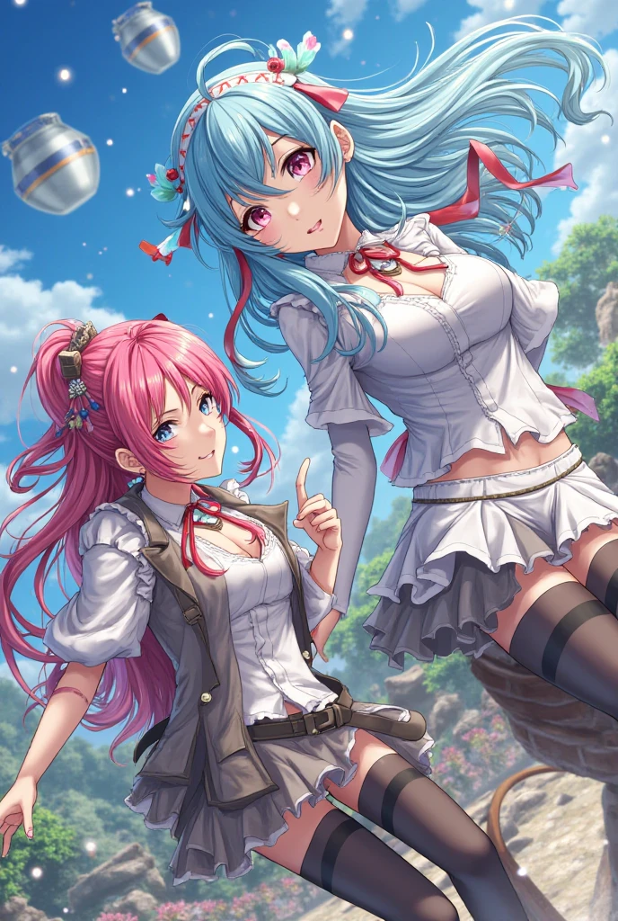ADDBASE (1_yaemikodef), (2girls), (full body:1.2), (breasts), (wearing a dirndl:1.5), push-up bra, blouse underneath, high-waisted skirt, (showing cleavage), sitting, (alpine landscape in the background), braided pink hair, hair ornament, beautiful flowers, detailed purple eyes, wooden buildings, wearing a necklace, vibrant colors, masterpiece, volumetric lighting, wallpaper, wide shot, <lora:yaemiko1:1>, <lora:add_detail:0.4>
ADDCOL (1_euladef), (2girls), (full body:1.2), (breasts), (wearing a dirndl:1.5), push-up bra, blouse underneath, high-waisted skirt, (showing cleavage), sitting, (alpine landscape in the background), braided blue hair, hair ornament, beautiful flowers, detailed yellow and purple eyes, wooden buildings, wearing a necklace, vibrant colors, masterpiece, volumetric lighting, wallpaper, wide shot, <lora:eula2:1>, <lora:add_detail:0.4>