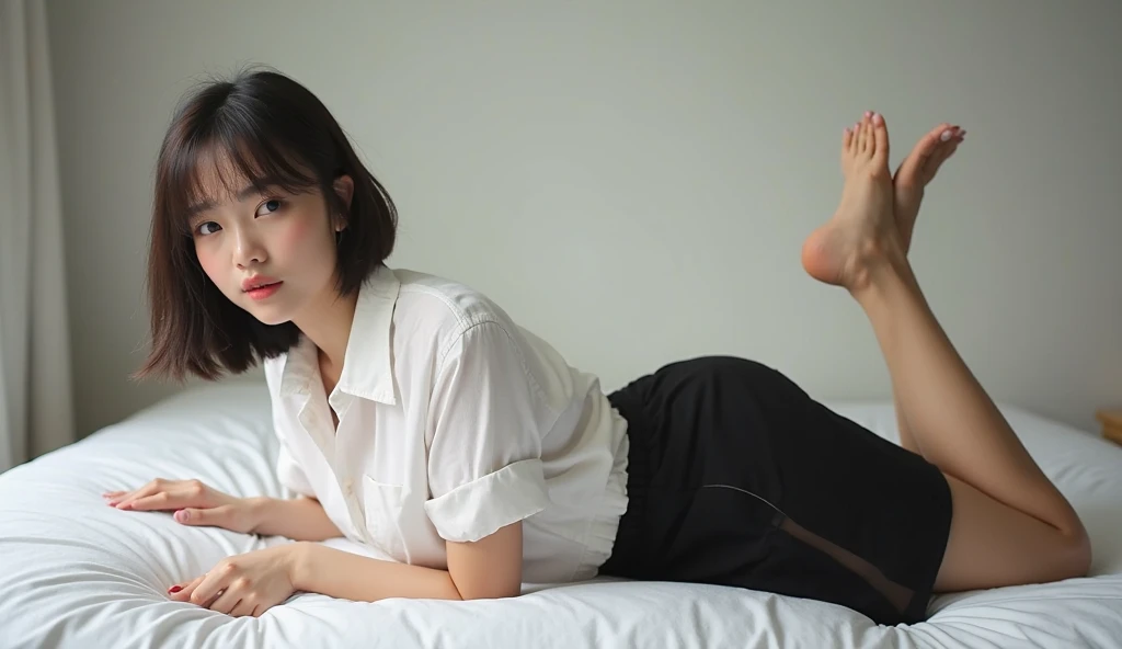 Film Portrait Photography, 1 12-year-old boy,Smile，Sitting on the bed，Spread your white and slender legs, calm, (逼真且Detailed眼睛, Natural skin texture, Realistic facial details), Soft dramatic lighting, Depth of Field, Bokeh, Vivid details, Detailed, Surrealism, 35 mm film, hazy,Nike noble shoes ,