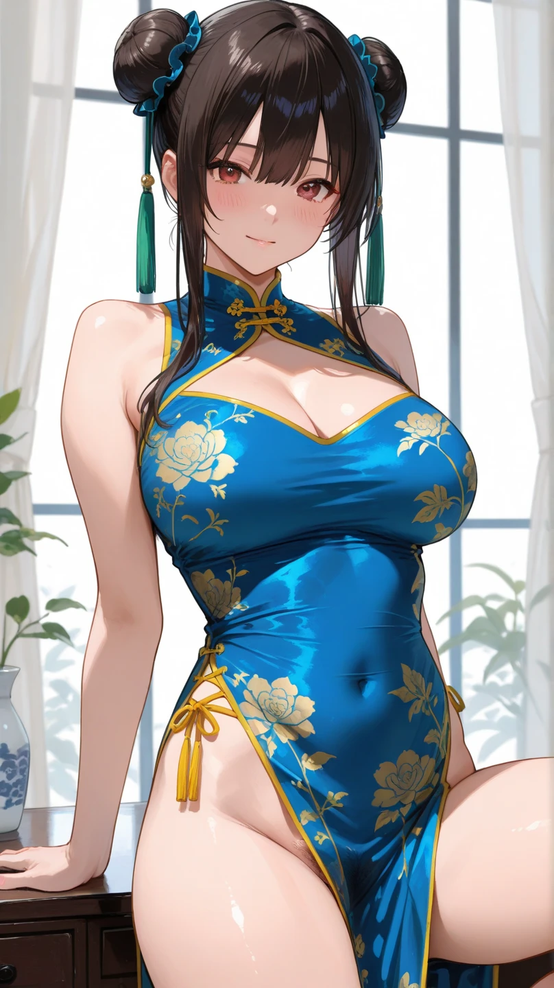 (masterpiece:1.3, highest quality, Ultra-high resolution, Super detailed), (Realistic, photoRealistic:1.4), Beautiful illustrations, Perfect lighting, Natural light, colorful, Depth of written boundary, Surrealism,
View Viewer, 1 girl, 16 years old, 7 heads, Perfect Face, (Perfect Anatomy), Cute and symmetrical face, Baby Face, Shiny skin, (Ideal body proportions),
(Mid-length hair:1.5, Side Ponytail:1.2, Light brown hair), Hair between the eyes, Dark blue eyes, Long Eyelashes, (Big Breasts:1.2, Captivating thighs), thin, Small Ass, thin feet,
Beautiful Hair, Beautiful Face, Beautiful fine details, Beautiful clavicle, Beautiful body, Beautiful breasts, Beautiful thighs, Beautiful feet, Beautiful fingers,
((Sleeveless blue mini cheongsam)), Blue High Heels,
(Beautiful views), evening, (bar counter), (smile:1.5, happiness),