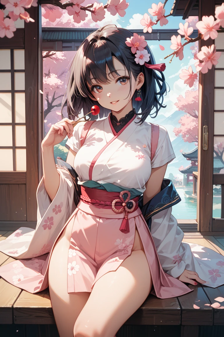 The young cherry blossom's kimono is missing its sleeves、The hem rises close to the female genitalia、It was a kimono that showed through the skin.。 nsfw