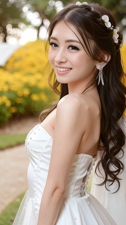Standing in a vibrant garden、A girl with beautiful, delicate eyes and lips, Surrounded by blooming flowers and lush greenery. She has long eyelashes、Adds elegance to the face。. Colorful flowers are blooming in the garden, Includes roses, Tulips, sunflower. wood々The sunlight shining through the gaps is gentle., Casts a warm, glowing glow on the scene. The girl is wearing a white dress fluttering in the wind, Give her a graceful and elegant look. She has a happy smile, Radiates happiness and satisfaction. The overall atmosphere of the work is realistic and photorealistic., Vivid colors and sharp focus. This piece expresses the beauty of nature.、Capturing the essence of a perfect moment。. The lighting is soft and delicate, Creates a sense of calm and serenity. The artwork is of the highest quality, Features ultra-detailed elements that bring every aspect of your scene to life. A masterpiece made with precision and passion..