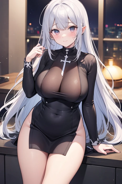 A skinny white haired girl with a little blush below her nose, huge and detailed tits and butt, thigh highs with a small waist in black clothes that show off her body, The girl appears to be horny and in search of a big penis that can satisfy her completely