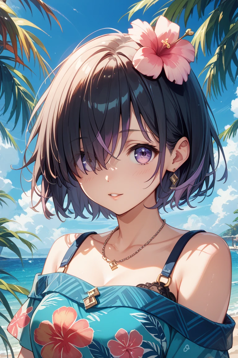 (masterpiece, best quality:1.1),
popart style,flat color,enjoy trip,(japanese girl,14yo,beautiful detailed face,(navy hair-color,wavy-short hair),parallel eyebrows,navy eyes with large irises,blunt bangs,small nose, fresh lips,small breasts),okinawa beach,flower pattern bikini,very happy,smile,beautiful lighting,dynamic angle,depth of field,photographic portrait, sharp,