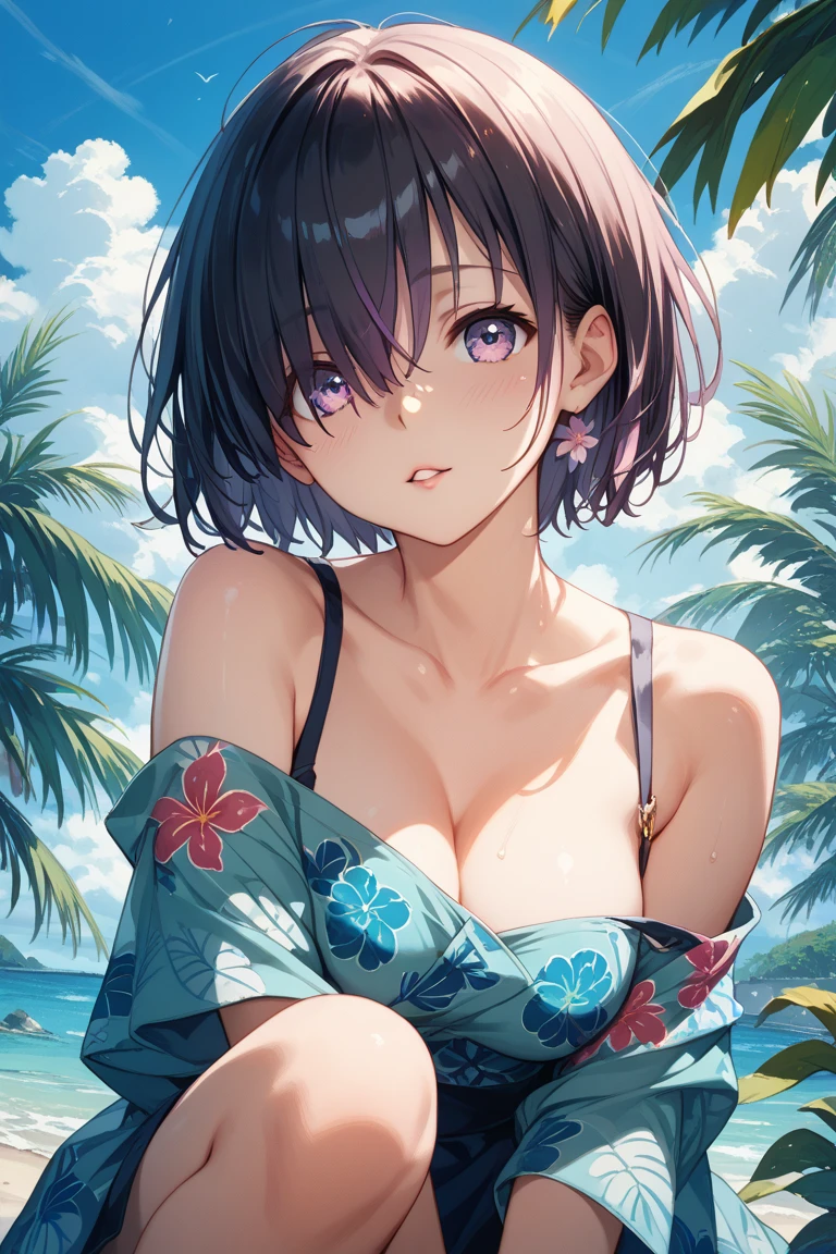 ((masterpiece, Highest quality, High resolution, 超High resolution, Pixel perfect, Written boundary depth, 4K, RTTX 10.0, High resolution))), 1 person, single, alone, Beautiful Anime, Beautiful art style, Anime characters, ((Shortcuts, bangs, Dark brown hair)), ((Green Eyes:1.4, Round eyes, Beautiful eyelashes, current eyes)), ((Smooth texture:0.75, Anime CG style)), ((Dynamic Angle, close)), Perfect body, (cute), Normal chest, whole body, ((4K, 8k, Highest quality, Perfect Fingers: 1.3, Perfect Anatomy: 1.3, Background Blur)), whole bodyアングル, 1 female, Curly Hair, Glowing Skin, Micro Bikini, break, Ocean, Beach, Water Drop, bubble, night, Starry Sky, shooting star, milky way