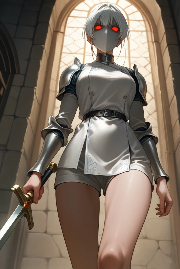 full body, white hair, ((Dragoon:1.2)) ,blunt bang,, masterpiece,best quality,official art,extremely detailed CG unity 8k wallpaper,1girl, ultra high res, (photorealistic:1.4), golden hour lighting, sweater dress,(upper body), (aegyo sal:1), (platinum short hair:0.8), ((puffy eyes)), looking at viewer, facing front, smiling, laughing,medium breasts, shirtlift, gloves,short hair,
