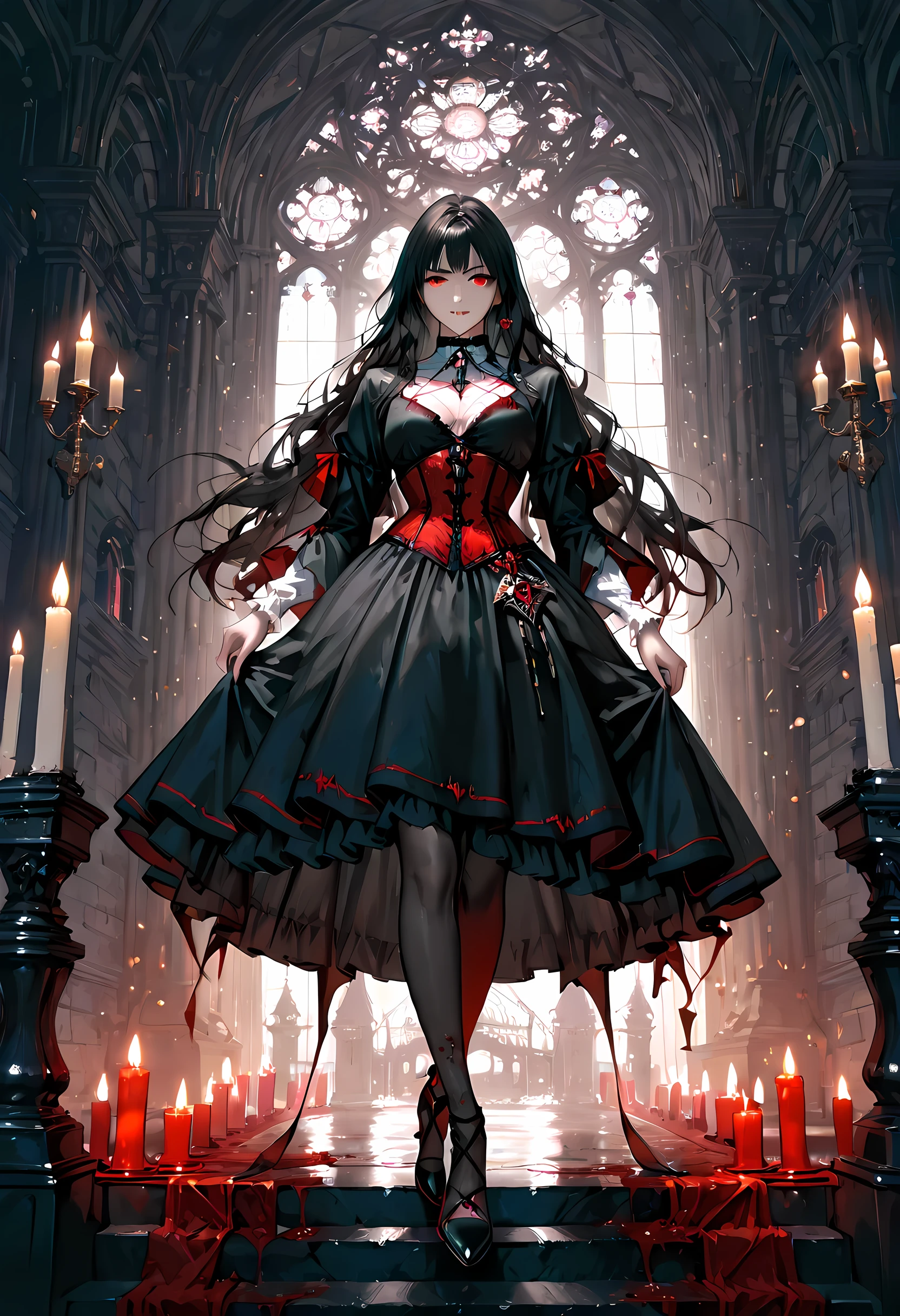 portrait of olo female vampire, ultra feminine, full body, busty woman, most beautiful face, glowing red eyes, long hair, wavy hair, wearing red silk corset, black stockings, wearing intricate high heels, in her castle, holding a dark sword, model shot of an exquisite beautiful goth light make up, goth castle background, lit by candles, there are stains of blood, RAW, award winning, of black and white filter, picture taken from dynamic range, ultra wide shot, photorealism, depth of field, hyper realistic, 2.5 rendering, Cinematic Shot, commix style, Vampire Dress, LOAsuccXL