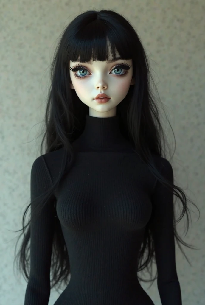 create an image of a bratz style doll from the series with long straight black hair, green eyes, white skin and very stylish