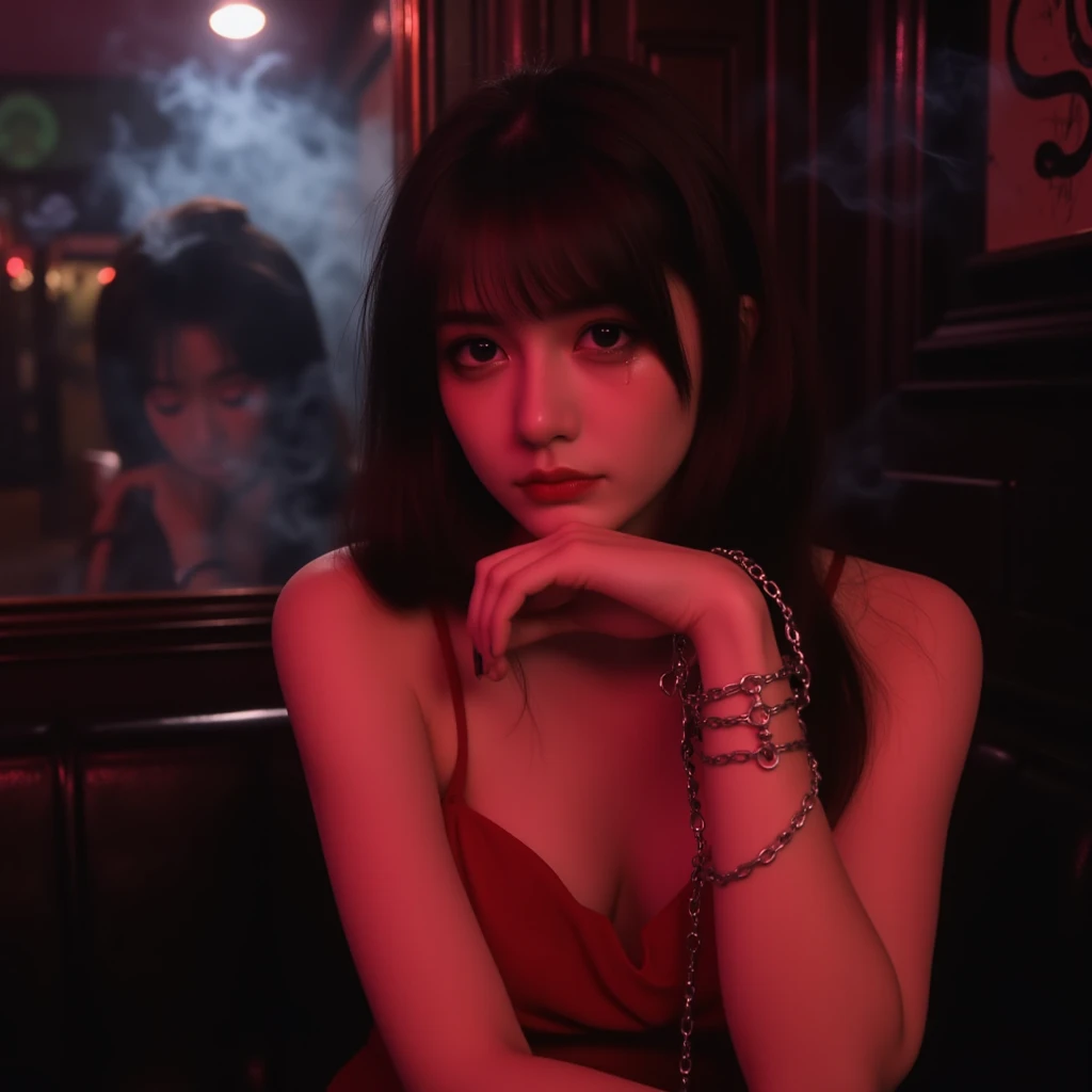 (Sexy woman), beauty, Whitening, Korean women, Disheveled Hair, Beauty, Red Lip, 最high quality, 8k, masterpiece, Very detailed, Realistic, photoRealistic, Black knit dress, Holding barber scissors and comb in one hand, Black Stockings, High heels, Faded red brick wall, high quality, masterpiece, 「ARROWS」Neon sign with words in capital letters, neon, A barber pole hanging on the wall, Sitting in a swivel chair, barbershop