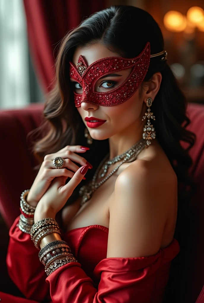 Photo of burlesque woman with full feathers on her head, black lace mask and red corset with large, elongated breasts sticking out tight
