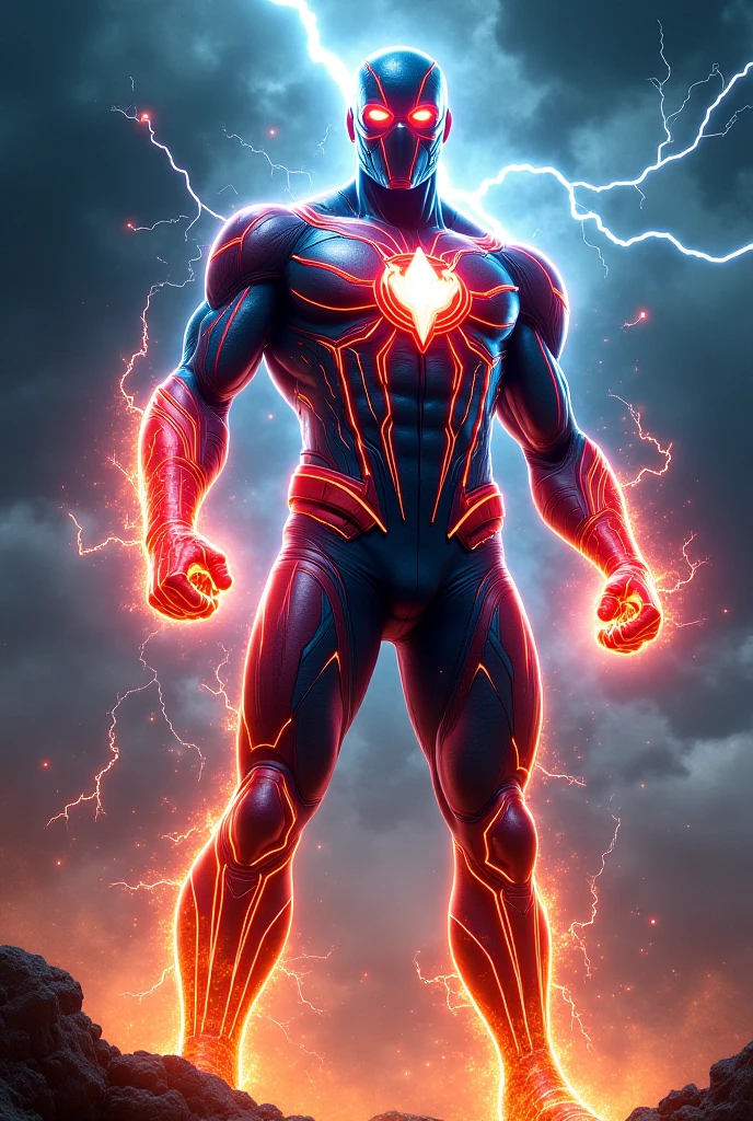 Create a hero with fire powers and a red uniform with purple details