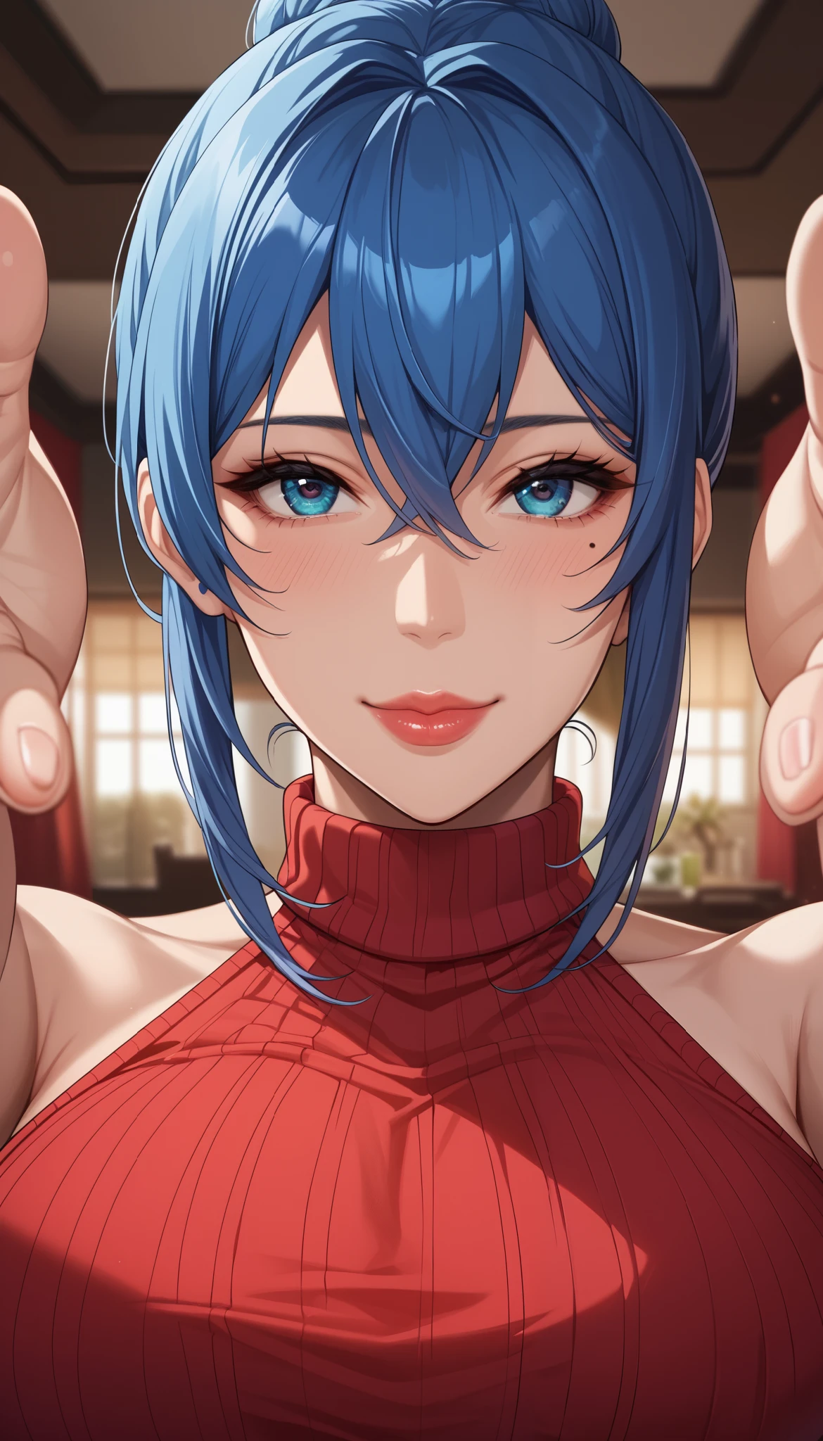 Fraction_9, Fraction_8_up , Fraction_7_up , Fraction_6_up , Fraction_5_up , Fraction_4_up , source_ Japanese Animation, Source_Anime, Tag 2, quality_masterpiece, sexy pose, seductive, (very close and intimate), (hugging pov, hands reaching viewer, kiss), BREAK, MILF, mature female, Akiyama Rinko, 1girl, detailed face and eyes, (mole under eye), soft expression, soft facial features, soft loving smile, closed mouth, lipstick, Detailed Skin, BREAK, detailed hair, ((very deep blue hair:1.1)), (hairbun, bangs, hair between eyes, sidelocks), BREAK, (curvy, hourglass body), ((huge breasts:1.1)), Sensual woman, maternal, Tempting, lewd, feminine, BREAK, Rating _Suspicious, (choker, halter turtleneck sweater, sleeveless red sweater dress), seductive pose, cinematic, dramatic, beautiful, intricate details