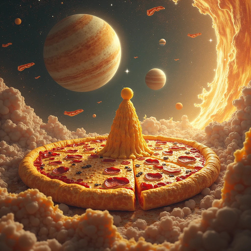A planet where the inhabitants are pizza and the planet is made of pizza. The inhabitants are from pizza with pizza shape., talking to each other
