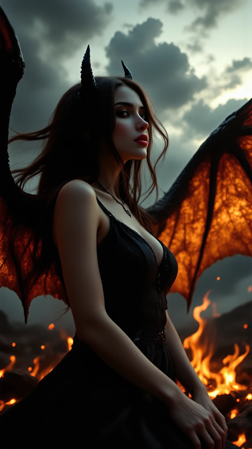 A powerful winged vampire dressed in stockings in a dynamic crouch, surrounded by a fiery landscape.
The image showcases a strong, winged female vampire in a dramatic crouching pose on a rocky outcrop, with her dark, feathered wings spread wide against a backdrop of a glowing, fiery landscape, captured with a low-angle shot that enhances her commanding presence.
The vibrant image depicts a formidable winged woman,