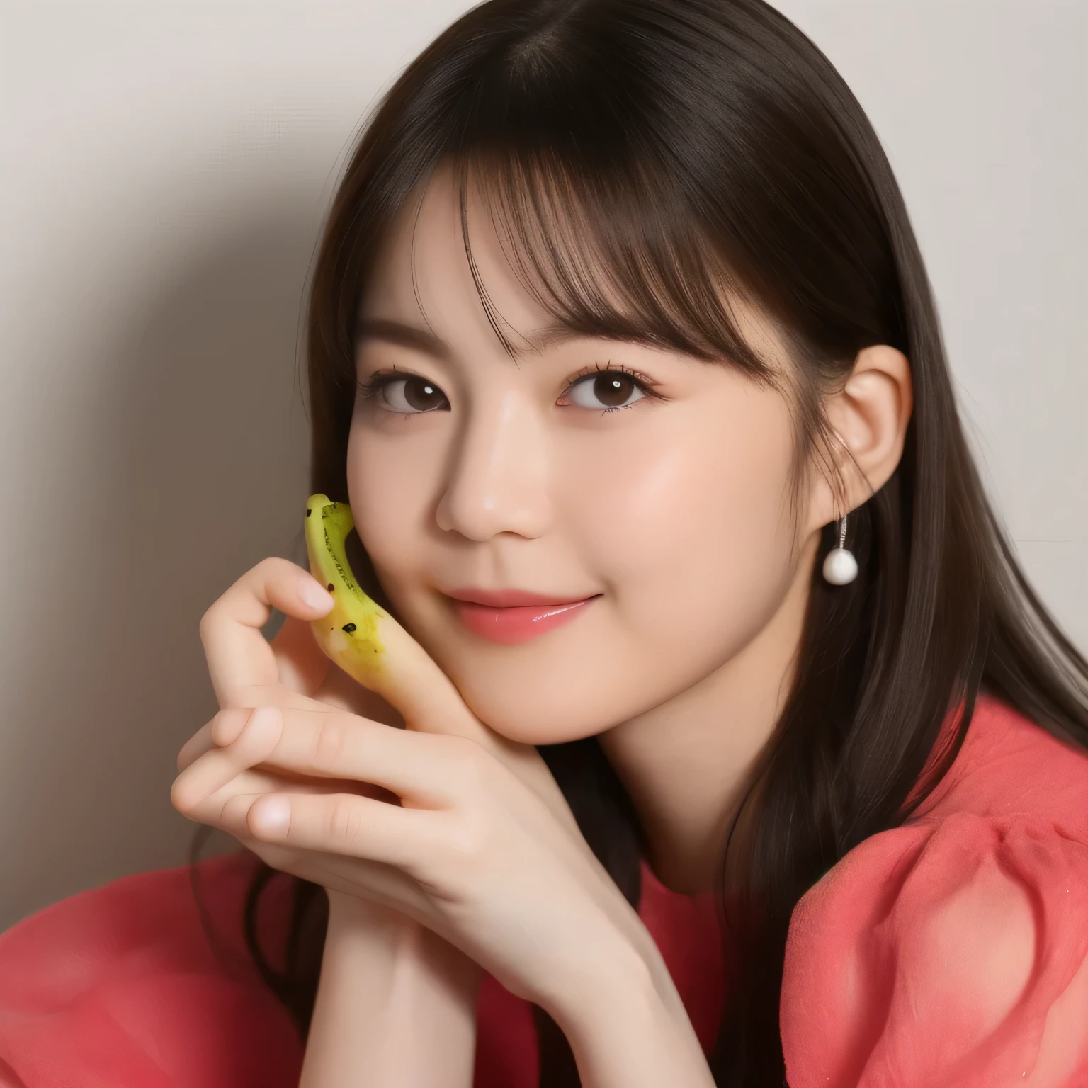 She is holding a banana with its peel partially removed, revealing the white fruit inside. She is eating the exposed white part. Long hair, dark hair, dark eyes.