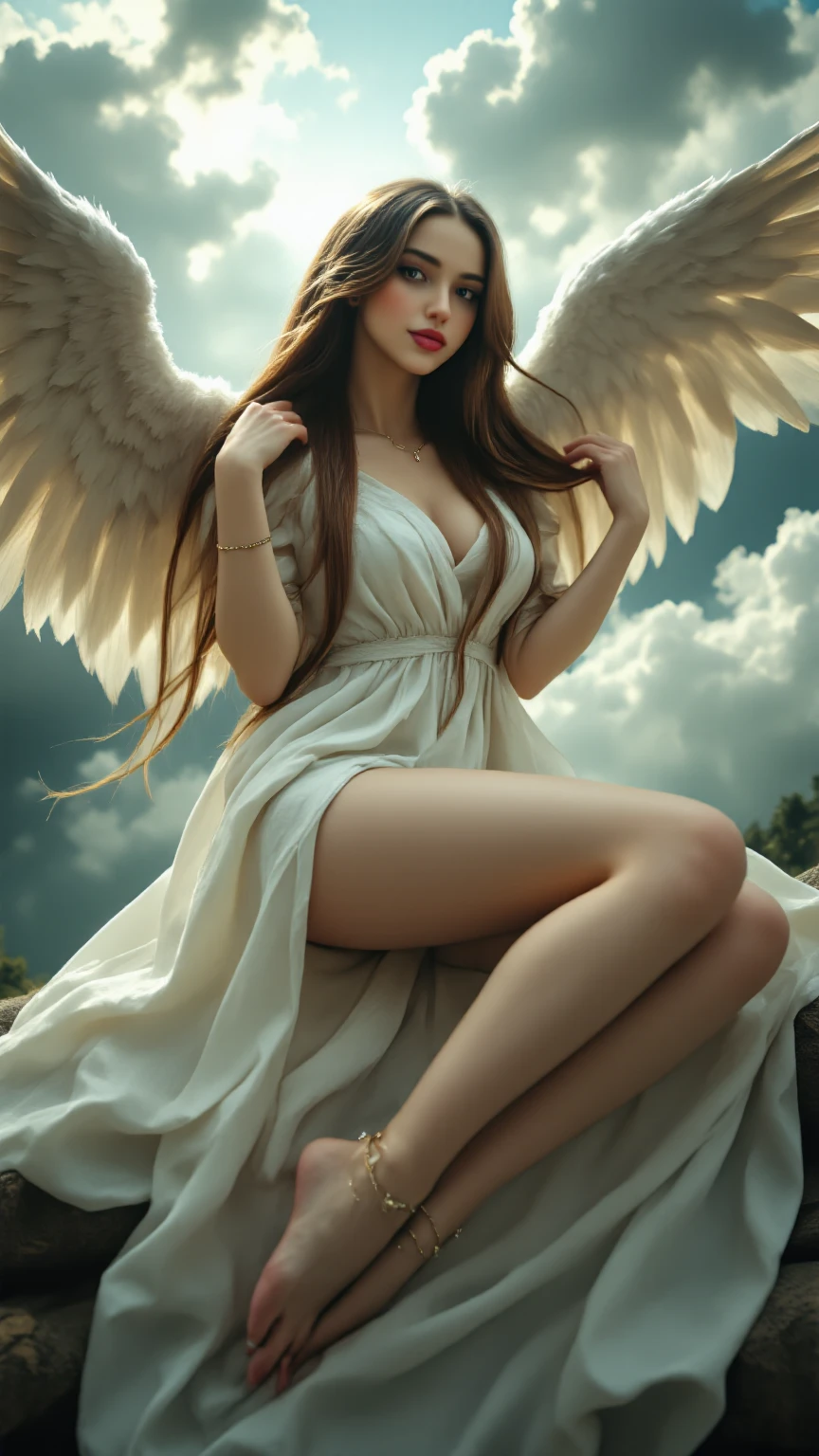(best quality,8k:1.2,high resolution:1.2),epic cinematic image,glorious appearance,ultra-detalhado,Realistic,vintage godess female,long red curly hair,rosto extremamente detalhados,long eyelashes,big angel wings,soft white dress,suntan tights,metalic accessories,Physically-based rendering,sharp focus,natural lighting