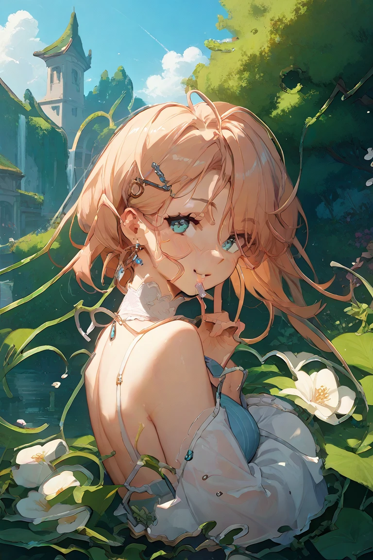 Masterpiece,, best quality, high contrast, deep shadows, dappled lighting, realistic, absurdres, intricate, <lora:more_details:.11>, <lora:epi_noiseoffset2:1>, cinematic lighting BREAK female warrior princess, beautiful, (long wavy ginger hair:1.2), blushing, upper body shot, (looking at viewer:1.2), (black dress:1.1), garden, early morning, green eyes, god rays, thick clouds, willow tree, necklace, fog, angry expression, (closed mouth:1.1), pout, fantasy art, side view, soft pink lips, illustration, (close up:1.35), (small breasts:1), detached sleeves, moss, flower in hair, (large breasts:-.5), <lora:samus-nvwls-v1:.9>, cleavage BREAK violet flower and white rose