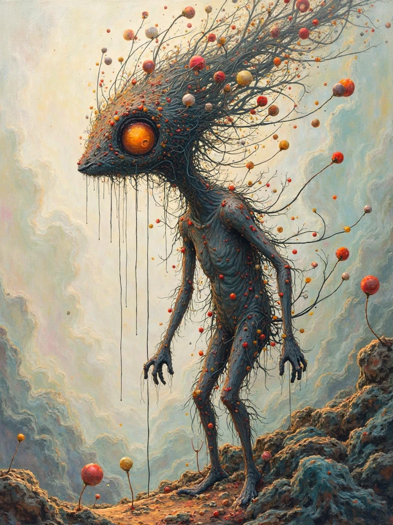 Mythical creatures, author:Zdzislaw Beksiński and Vincent van Gogh, Red moon and big eyeucha