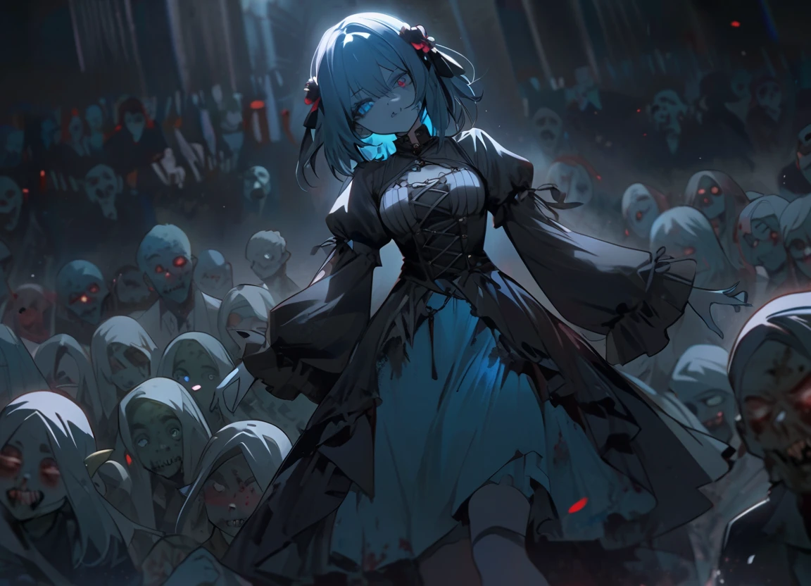 zombie girl getting her jaw touched。ZOMBIE FESTIVAL。lots of zombies dancing around the tomb。blue skin。stitch。Zombies only。Dark Atmosphere