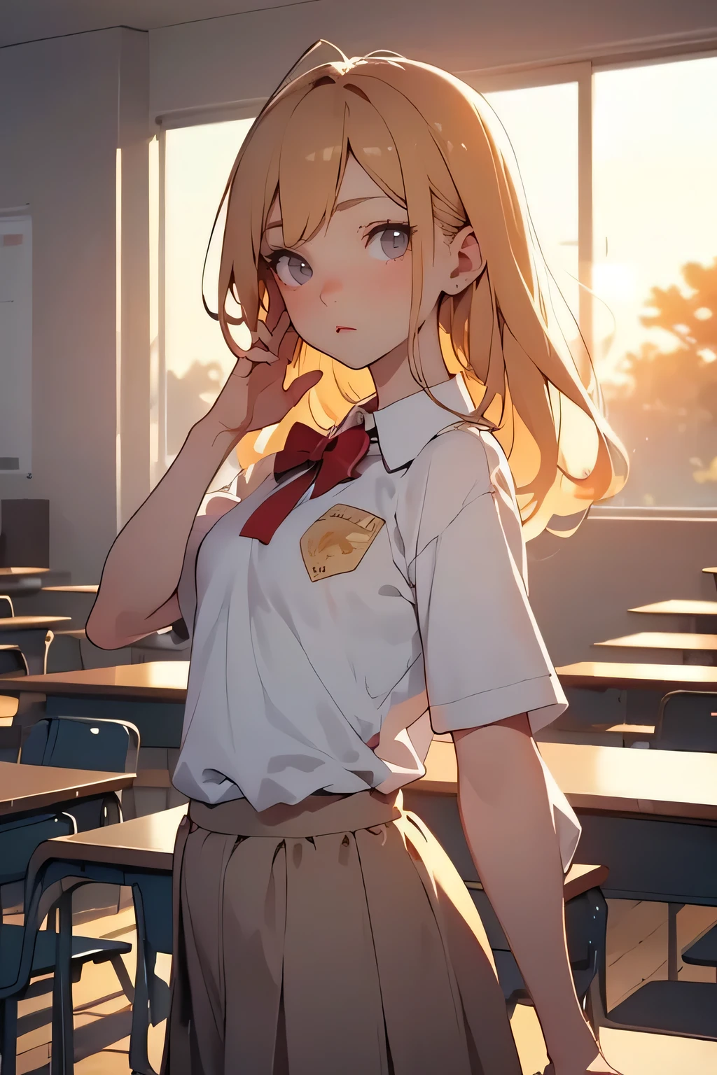 A shy anime girl in a school uniform, dancing quietly in an empty classroom with golden sunset light coming through the windows. She steps side to side and touches her cheek with one hand, ending with a small wave. 5-second loop, calm and cute mood, sunset classroom background, soft motion.