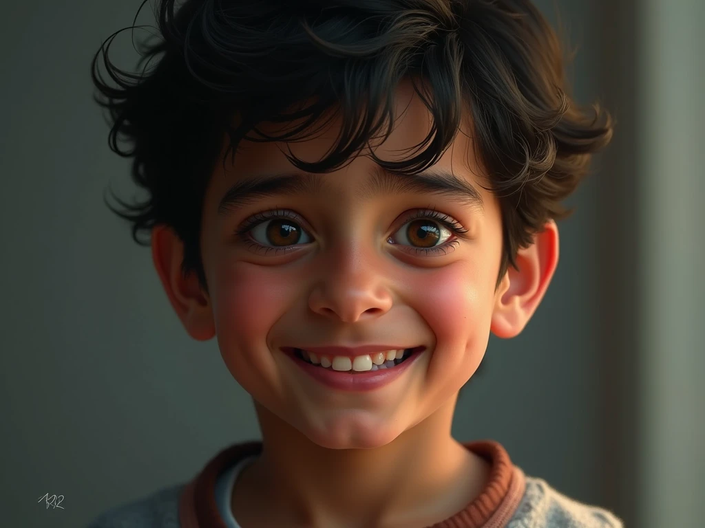 A. Boy with fair colour wearing a Indian school dress and have a big nose and black head and pimple on face and not good teeth