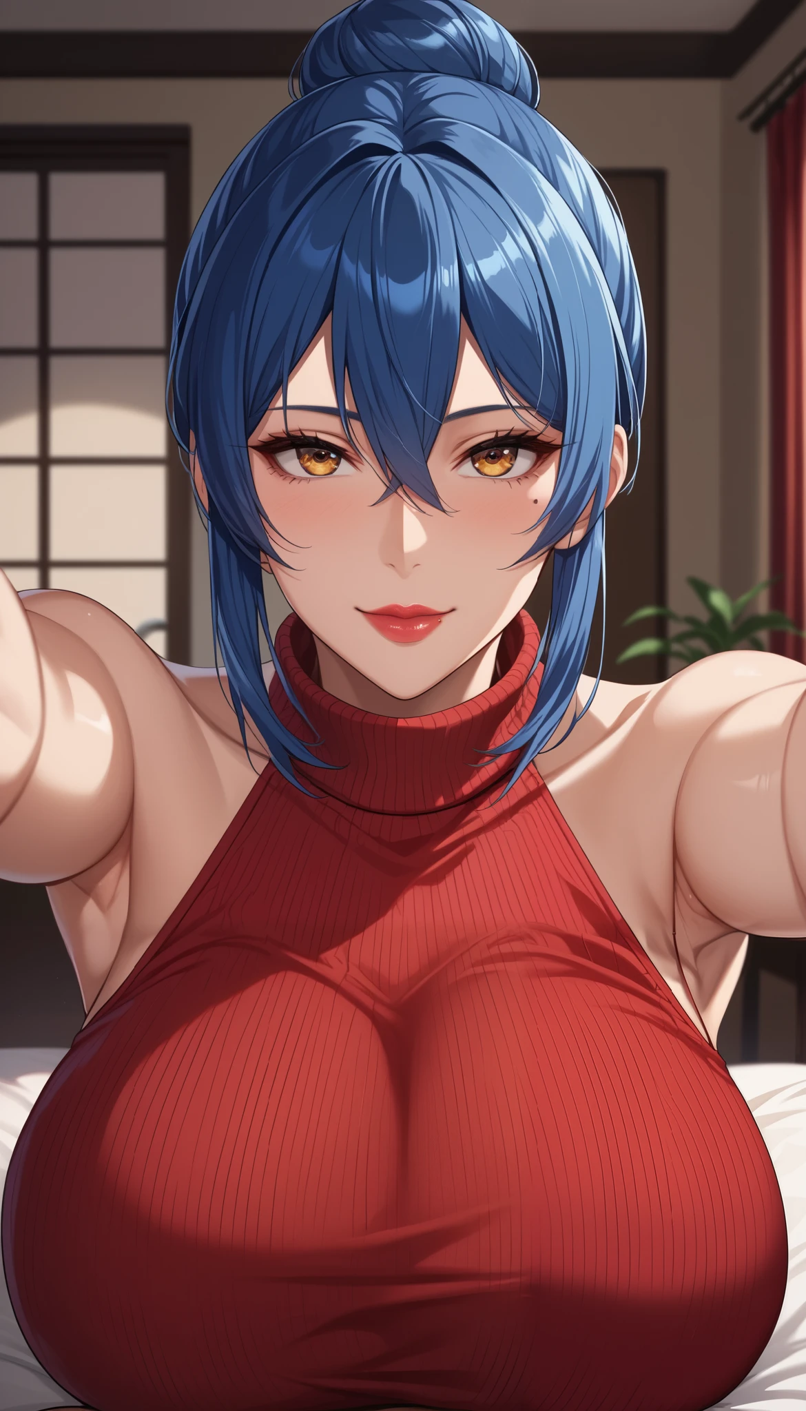 Fraction_9, Fraction_8_up , Fraction_7_up , Fraction_6_up , Fraction_5_up , Fraction_4_up , source_ Japanese Animation, Source_Anime, Tag 2, quality_masterpiece, sexy pose, seductive, (very close and intimate), (hugging pov, hands reaching viewer, kiss), BREAK, MILF, mature female, Akiyama Rinko, 1girl, detailed face and eyes, (mole under eye), soft expression, soft facial features, soft loving smile, closed mouth, lipstick, Detailed Skin, BREAK, detailed hair, ((very deep blue hair:1.1)), (hairbun, bangs, hair between eyes, sidelocks), BREAK, (curvy, hourglass body), ((huge breasts:1.1)), cleavage, Sensual woman, maternal, Tempting, lewd, feminine, BREAK, Rating _Suspicious, (choker, halter turtleneck sweater, sleeveless red sweater dress), bedroom, seductive pose, cinematic, dramatic, beautiful, intricate details