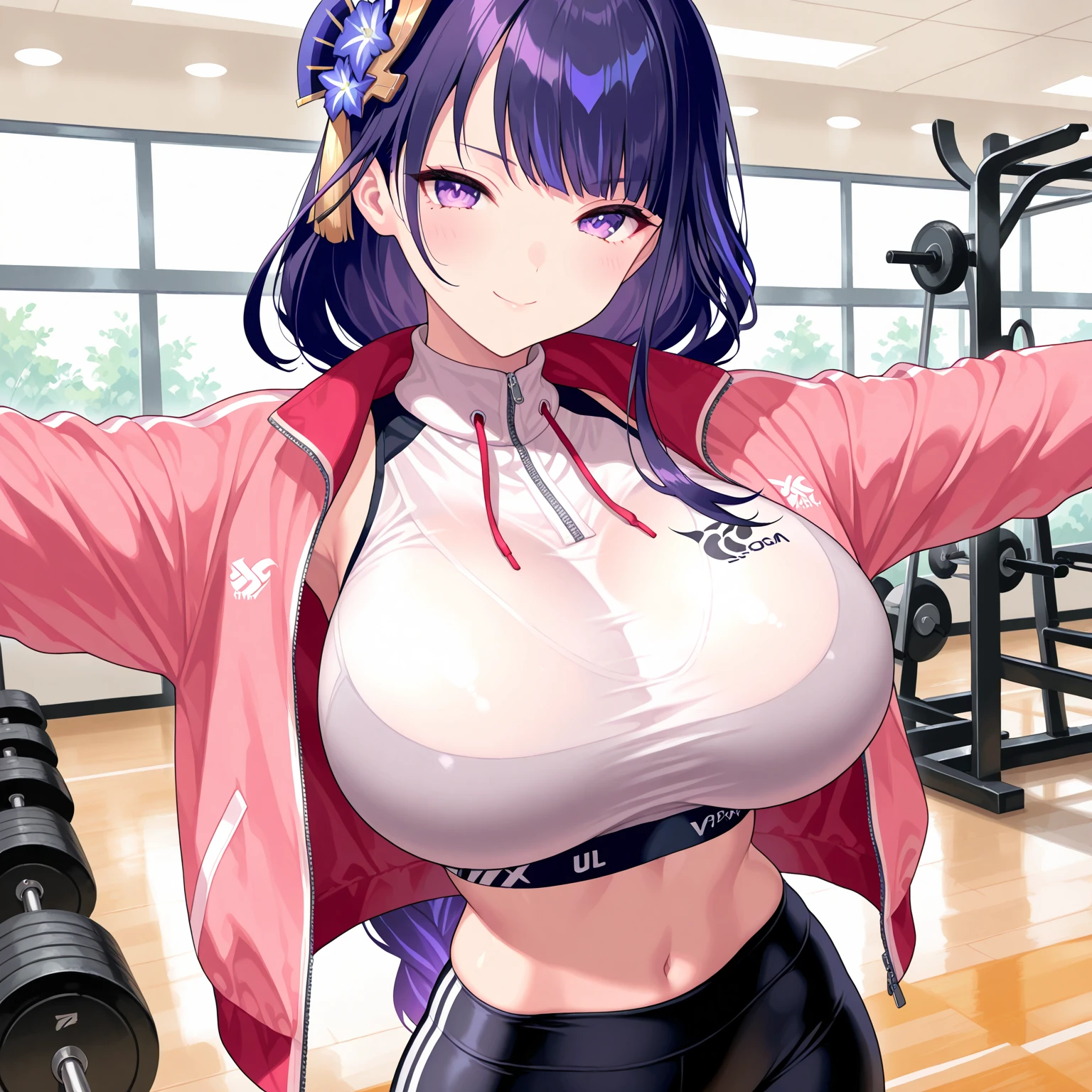 A woman with brown hair and purple eyes, big breasts and a huge ass wearing a white crop top and purple short shorts.